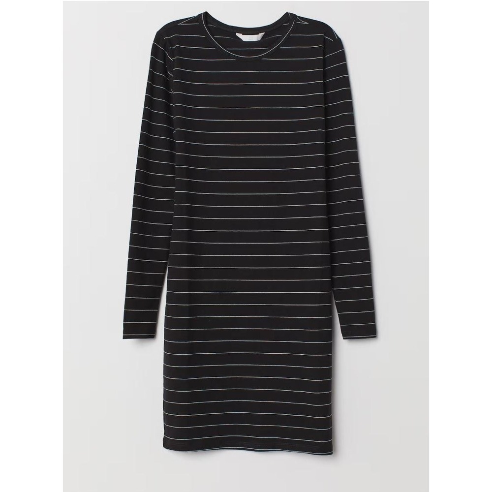 H&M BASICS Dress S Womens Long Sleeve Striped Black Fitted‎ Cotton Tunic